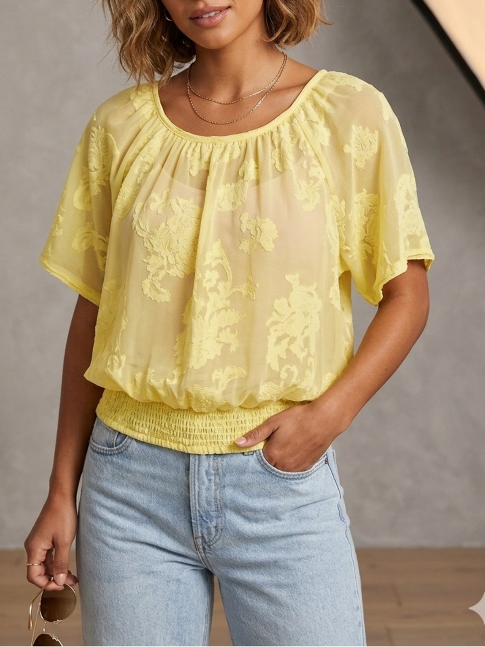 Anthropologie Pastel Yellow Floral Burnout Flutter Sleeve Blouse🤩